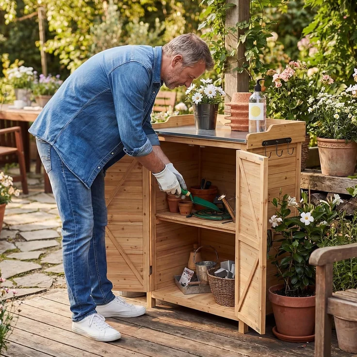 Aoxun Gartenschrank Holz, Pflanztisch mit Geräteschrank Schrank, Doppeltür, Seitenhaken und verstellbarem Regal, Gerätehaus, Gartenschuppen für Garten Terrasse, 64 x 40 x 95cm, Burlywood – Bild 8