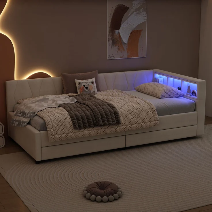 Merax Daybett, 90*200cm, Tagesbett, Schlafsofa, Ablagefach am Bett, USB+Typ C, Fernbedienung für LED-Umgebungslicht, Bett mit zwei Schubladen, Bett mit Lattenrost (ohne Matratze), Leinen, Beige – Bild 3