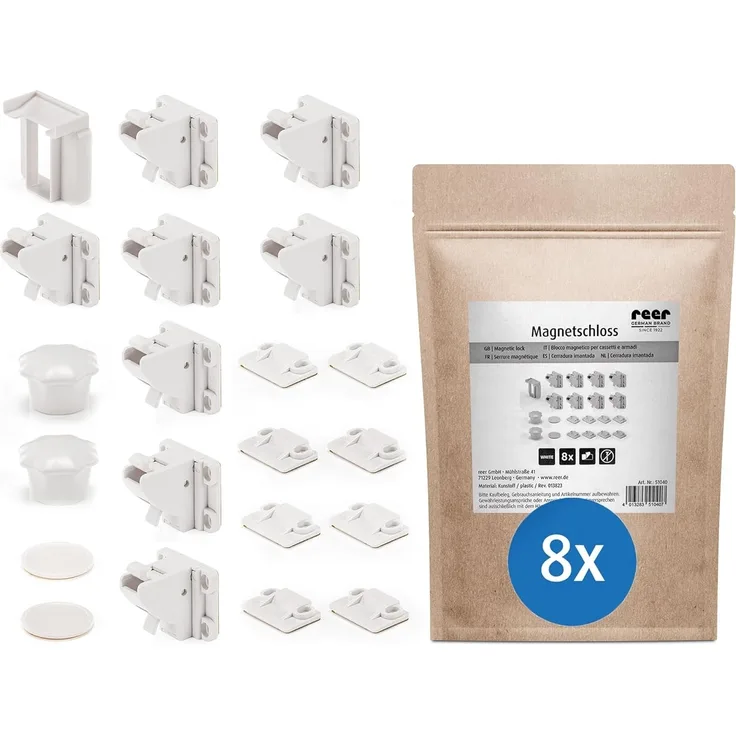 reer Magnetschloss | 8 Stück in Paper Bag | Magnetische Kindersicherung | Schrank- und Schubladensicherung zum Kleben | Sicherheit für Babys und Kinder | Erstausstattung