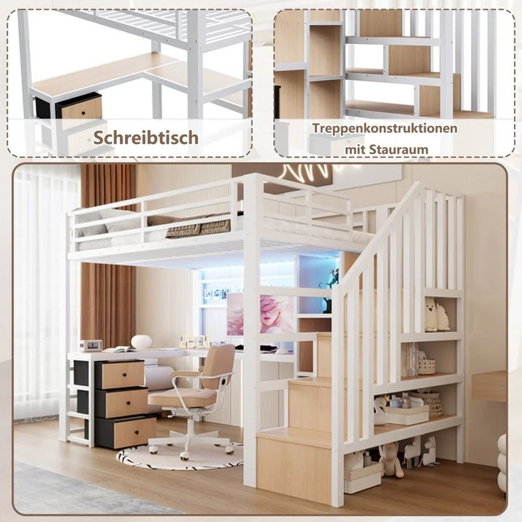 Odikalo Hochbett 90x200 140x200 Kinderbett Jugendbett mit Schreibtisch LED und Stauraum (Eisenrahmen, Ablagefach, 4 Schubladen, Gitter zum Aufhängen von Gegenständen, mit LED-Lichtleiste, Schreibtisch, Treppenkonstruktionen mit Stauraum, Ohne Matratze) – Bild 4
