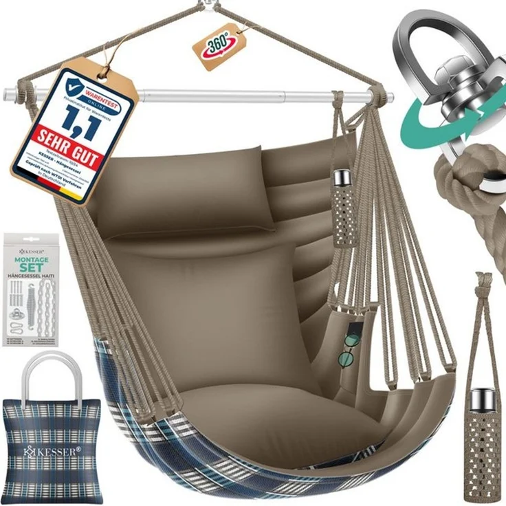 KESSER® Hängesessel Haiti 150kg Traglast, Hängestuhl 360° Drehung, Hängeschaukel Indoor-Outdoor UV-beständig & Wasserfest, Pflegeleicht, Inkl. 2 Kissen, Tragetasche, Flaschenhalter & Montage-Set Mocca – Bild 1