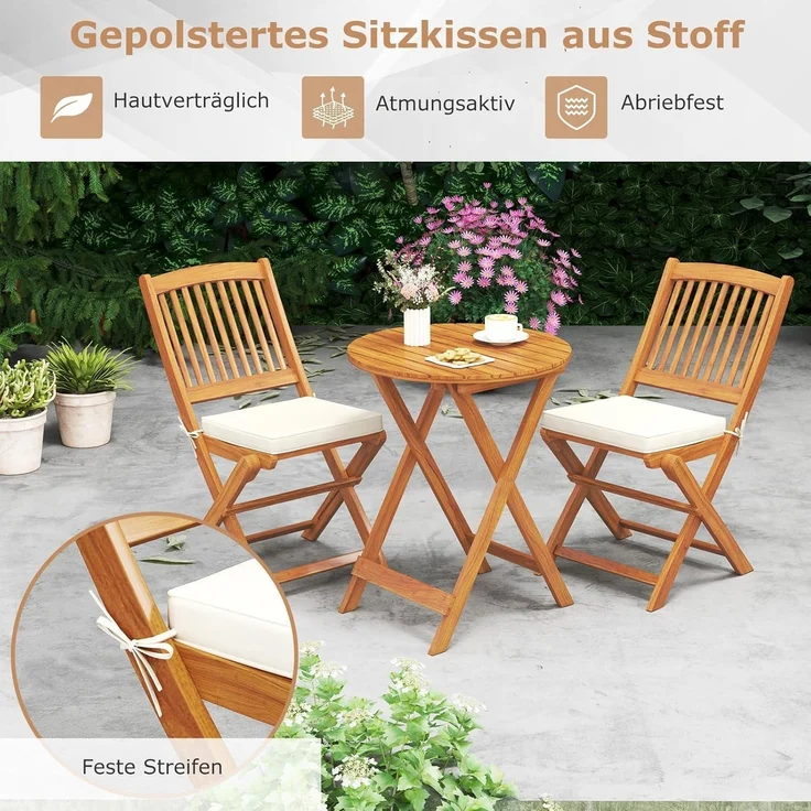 3tlg. Gartenmöbel Set Akazienholz klappbar Rundtisch 2 Stühle Kissen Beige – Bild 3