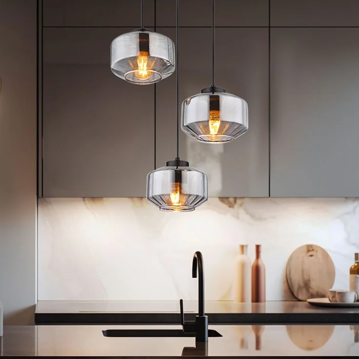 Hängeleuchte, 3-flammig, Metall Glas, schwarz rauch, H 120cm – Bild 6