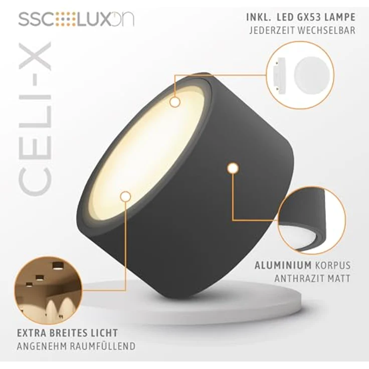 SSC-LUXon CELI-X, dimmbare flache Spot Deckenleuchte mit LED GX53, anthrazit, 4,5W warmweiß – Bild 5