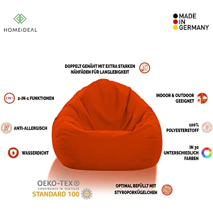 HomeIdeal - Sitzsack XXL Bodenkissen für Erwachsene & Kinder - Geeignet für Gaming oder Entspannen - Indoor wie Outdoor da er Wasserfest ist - mit EPS Perlen, Farbe:Neonorange, Größe:XXL – Bild 3