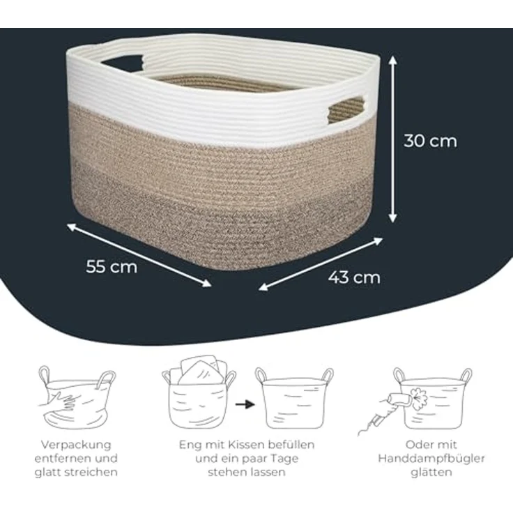 HMF Aufbewahrungskorb XXL Wäschekorb aus Baumwolle, 71 Liter, eckiger Aufbewahrungskorb mit Griffmulden, 55 x 43 x 30 cm, Weiß-Braun – Bild 5