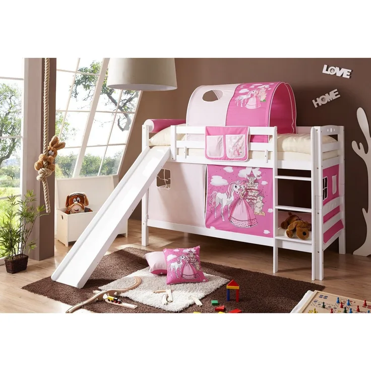 Etagenbett mit Rutsche "Lupo" 90x200 Buche massiv weiß