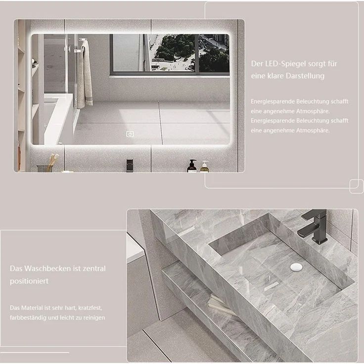 Muxing Badmöbel-Set mit Waschbecken, LED-Spiegel & Ablage, aus robustem Sinterstein, (Set, 3-St), grau, 120 cm – modernes Design, pflegeleicht & sofort einsatzbereit – Bild 4
