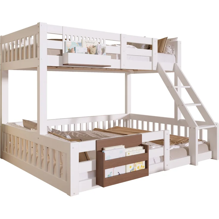 Merax Etagenbett, 90 x 200 cm/140 x 200 cm, Kinderbett Aufbewahrungsfächer, Sicherheitsgitter, Leiter, ohne Matratze, Weiß – Bild 10