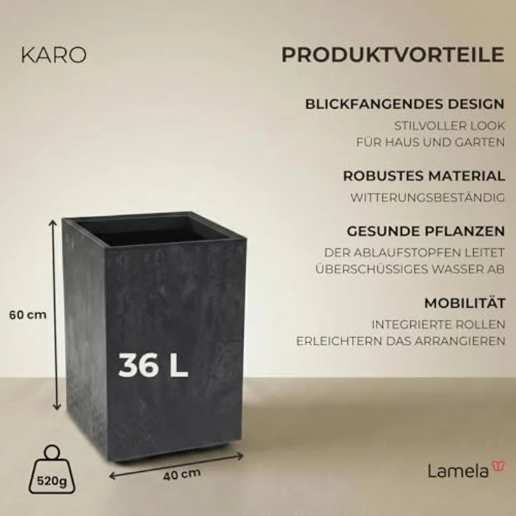 LAMELA Pflanzkübel mit Rollen Höhe 60 cm, 36L – Blumentopf aus Kunststoff in Betonoptik – Übertopf mit Wasserablauf – Modern für Innen & Außen - Wetterfest & Pflegeleicht, Schwarz – Bild 3