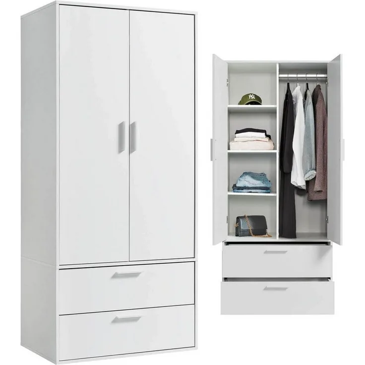 mokebo Kleiderschrank Der Kleiderheld (80x180x51 cm, 2-türig, 2 Schubladen & 4 Fächer) Made in Germany, Garderobenschrank, Schlafzimmerschrank in Weiß