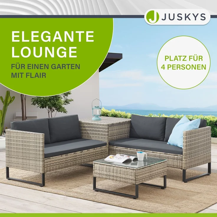 Juskys Outdoor Polyrattan Lounge Santorini - Gartenlounge mit Beistelltisch & Auflagenbox - Gartenmöbel Set Rattan Sitzecke wetterfest - Grau-meliert – Bild 4