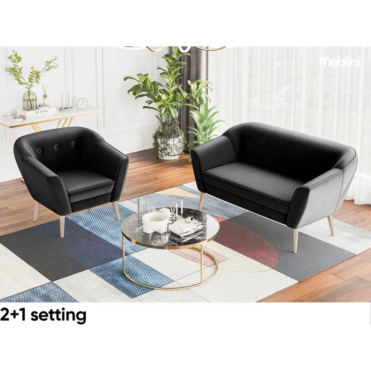 MEBLINI Mini Sofa Set 2-1 für Wohnzimmer - Mini Lounge für drei Personen - Küchensofa - Sofa Klein - Sitzgarnitur - Polstergarnitur - Sofagarnituren - DORIS - 2+1 - Schwarz Samt – Bild 2