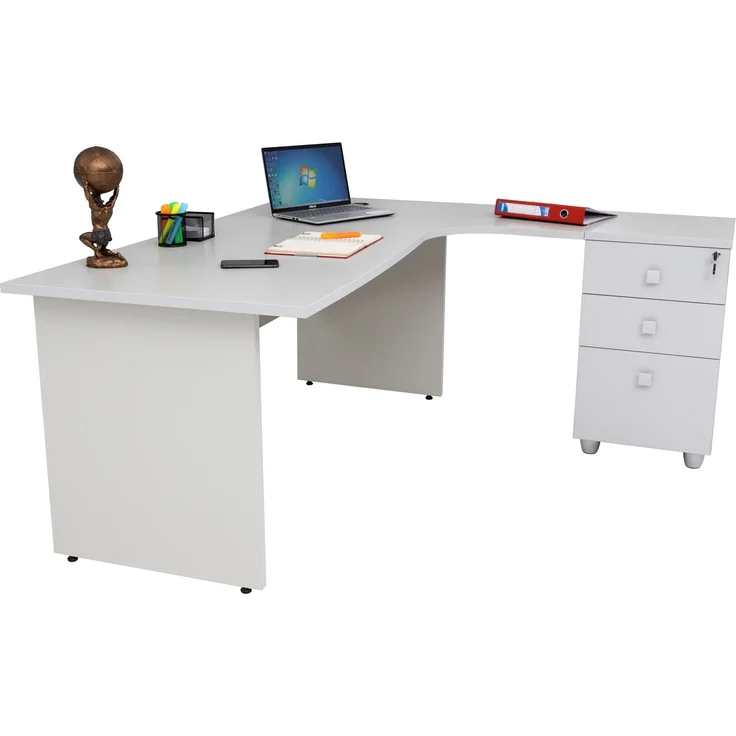 Winkelschreibtisch Dona, Holzfuß, grau Dekor, 180 cm x 120 cm x 74 cm, inkl. Beistellcontainer, rechts gewinkelt – Bild 8