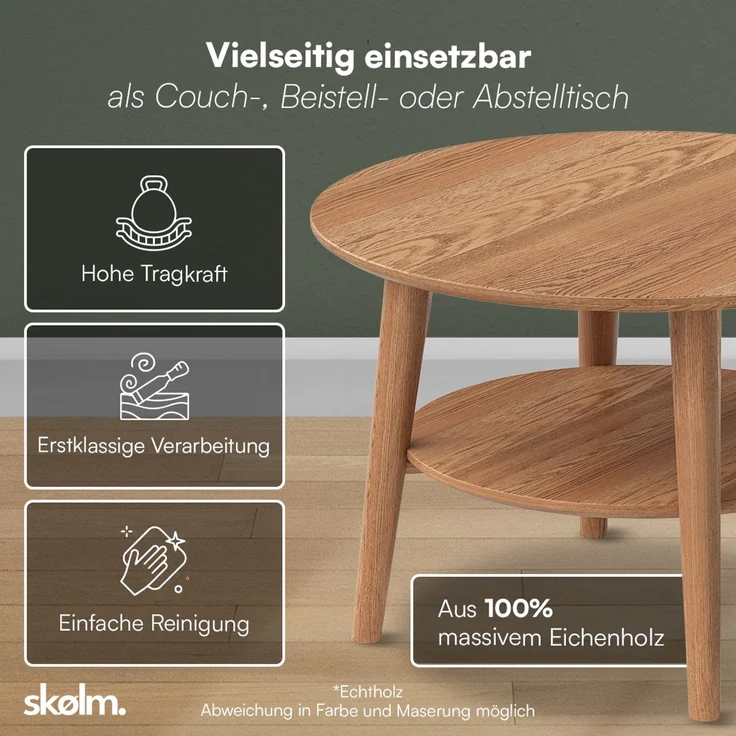 skølm 'Mjölnir' Couchtisch rund, Massivholz Eiche, dunkel geölt, Wohnzimmertisch Ø70 cm, Beistelltisch für Wohnzimmer mit Ablage – Bild 3
