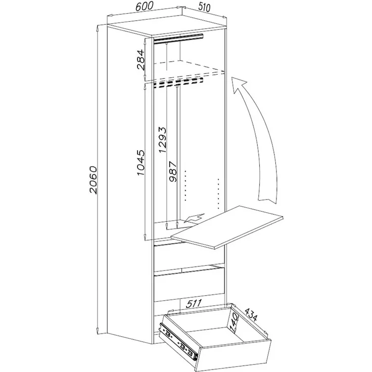 Marmex Möbel TRES 04B offener Kleiderschrank, Garderobenschrank ohne Türen, Schrank mit drei Schubladen und Kleiderstange, laminierte Spanplatte, weiß, 60x206x51 cm – Bild 3