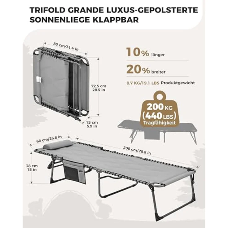 KingCamp Übergroße Sonnenliege Klappbar 5-Fach Verstellbar Gartenliege Liegestuhl Dreibeinliege Liege Campingliege mit Kopfkissen und Seitentasche bis 150 kg für Garten Urlaub Strand Pool 200x68 cm – Bild 4