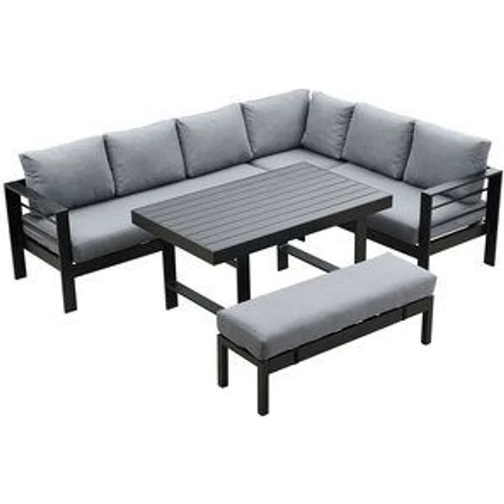 MeXo Gartenlounge-Set Garten-Essgruppe, (Gartenmöbel Set Lounge, 5-tlg, 3 x Ecksofas, 1 x Gartenbank, 1 x Esstisch 130 x 80 x 67,5 cm), Aluminium-Ecklounge für 8 Personen – Bild 6