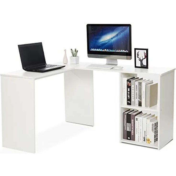 Mondeer Eckschreibtisch, Computertisch L-Förmig Schreibtisch mit 2 Ablagen Großer fürs Arbeitszimmer Wohnzimmer Büro 108×135×73,5 cm (Weiß)