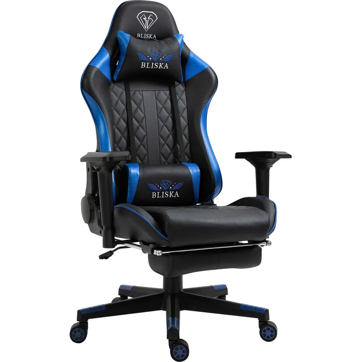 Gaming Stuhl Chair Racing mit Fußstütze und ergonomsichen 4D-Armlehnen Schwarz/Blau