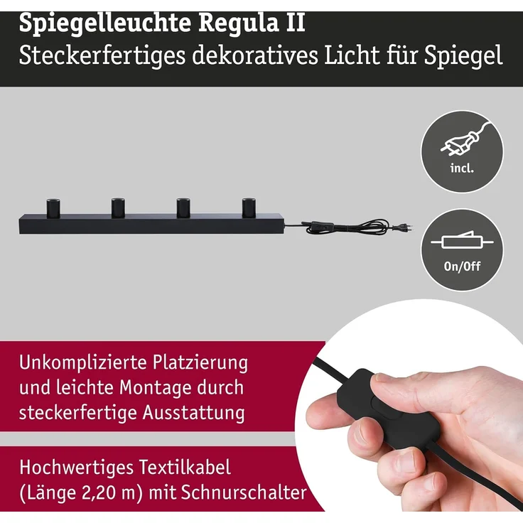 Paulmann 80101 Spiegelleuchte Regula II Stecker 4-flammig E14 Schwarz IP44 – Bild 3