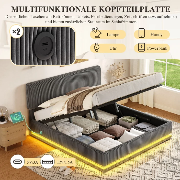 Polsterbett, Cord mit LED & USB-Anschluss, Stauraum & Lattenrost, 180x200 cm, Dunkelgrau, ohne Matratze – Bild 6