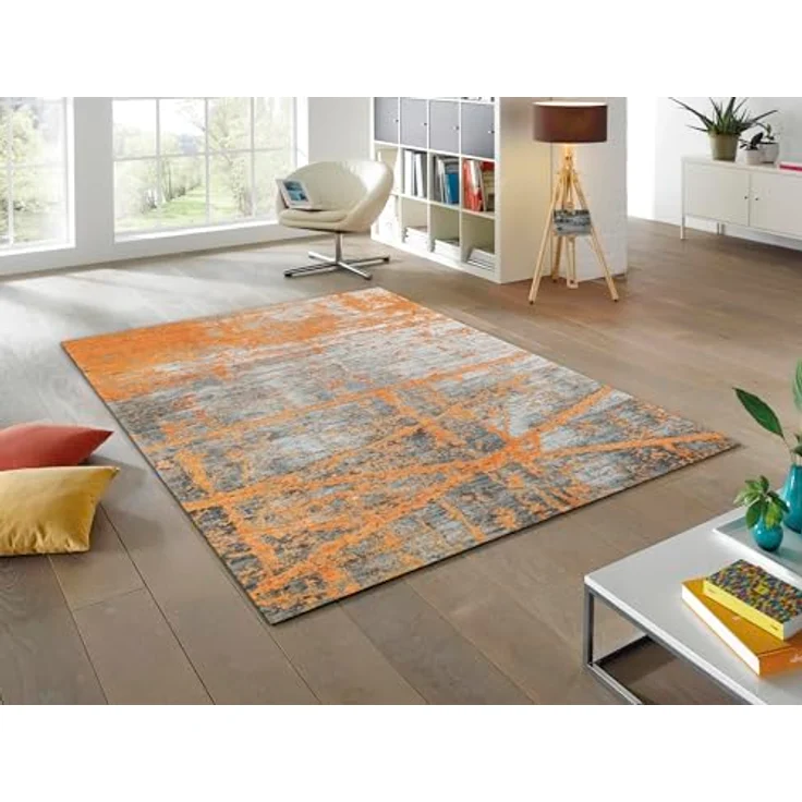 wash+dry Flachwebeteppich Rustic, rechteckig 170x240 cm, grau-orange, Grafikdesign, Oeko-Tex® Standard 100, waschbar, Made in EU – Bild 3