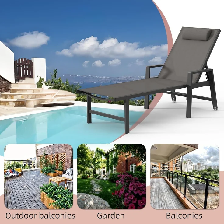 Mucola Sonnenliege Aluminium Gartenliege 200KG & Rollen wetterfest Relaxliege Anthrazit Teslin Klappliege Camping – Bild 8