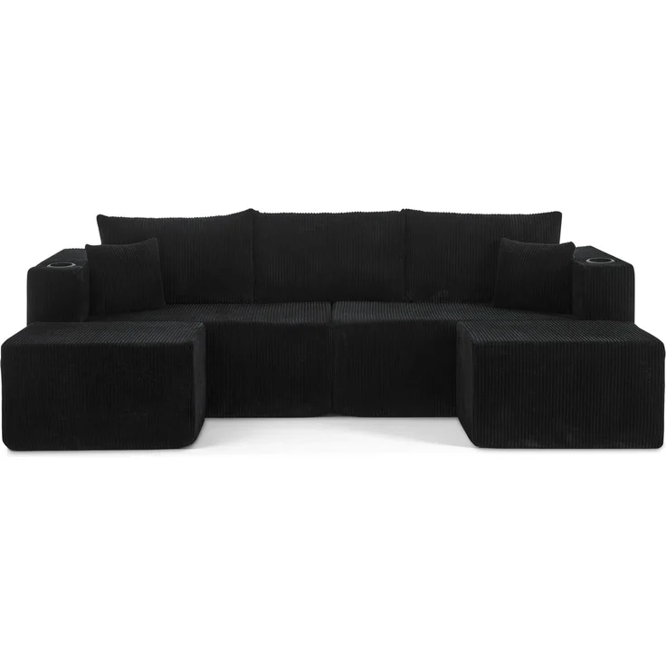 3-Sitzer Ecksofa aus Cordstoff mit beweglichen Ottomanen, Getränkehaltern und Seitentaschen, 230×138×75 cm, Schwarz – Bild 4