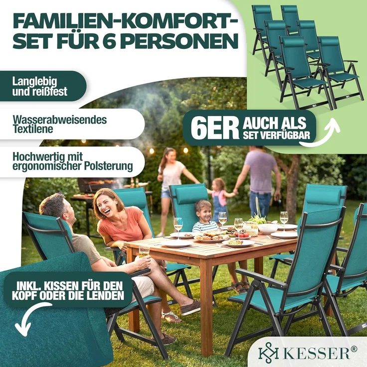 KESSER® Gartenstuhl Hochlehner mit Armlehnen | Aluminium Klappstuhl inkl. Kopfkissen Campingstuhl 7-Fach Verstellbar Rückenlehne | Atmungsaktiv & Wetterfest | Klappbar & Anti-Rutsch 6 Stück, Petrol Grün – Bild 3