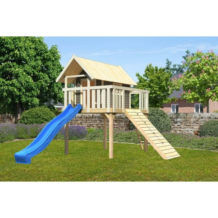 Karibu Stelzenhaus Fidel Set Aktion2 terragrau mit Rutsche und Holzrampe blau – Bild 1