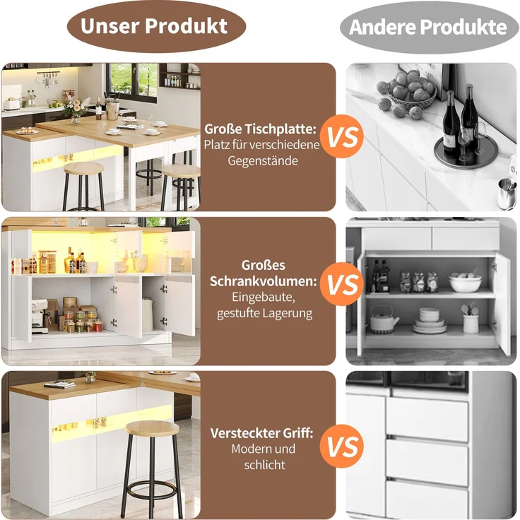 Ausziehbarer Bartisch 120–180 x 40 x 75,8 cm aus MDF mit LED-Beleuchtung und Stauraum – Bild 8