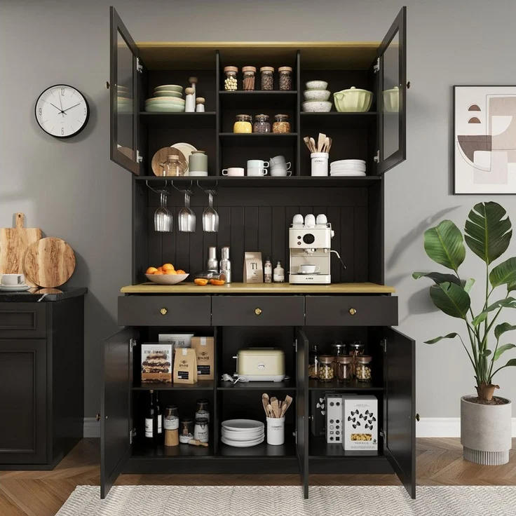 Odikalo Küchenbuffet Küchenschrank Buffetschrank mit USB, Glastüren, Gläserhalter (Buffetschränke, Esszimmer-Hochschrank 120×40×191 cm, mit mehrstufigem Stauraum, integrierter Steckdose sowie USB-C- und USB-A-Anschlüssen) 120×40×191 cm – Bild 2