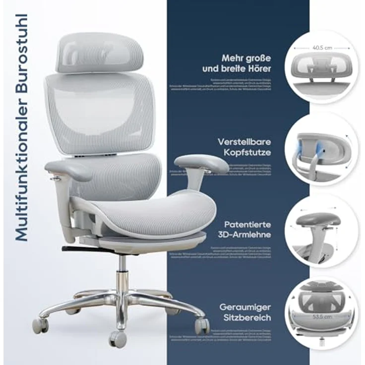 COLAMY Ergonomischer Bürostuhl mit Fußstütze, 3D-Armlehnen, Kopfstütze, Lendenwirbelstütze & Atmungsaktives Mesh – Schreibtischstuhl für Büro & Home Office, Grau – Bild 7