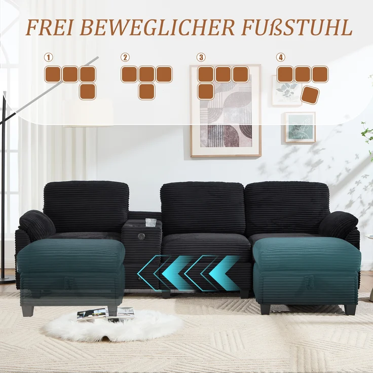 LVHOM 3-Sitzer Sofa mit Hocker, L-Form Ecksofa mit Stauraum, USB-C-Anschluss und 2 Getränkehaltern, modulares Sofa, Schwarz – Bild 8