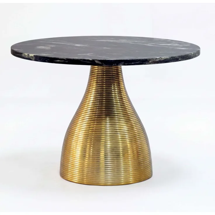 Couchtisch Metall mit schwarzer Marmor Tischplatte 60cm Rund - Moderner Wohnzimmertisch Aluminium Gold - Design Sofatisch Alu - Loungetisch Rillenoptik - Edler Beistelltisch Handmade