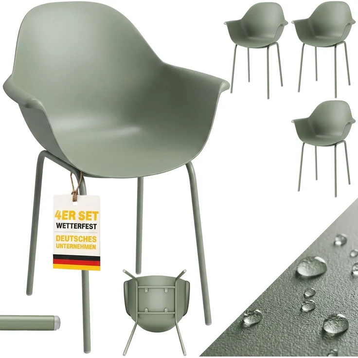 MELAYR, Gartenstuhl 4er-Set, mit Rückenlehne/Armlehnen, wetterfest, bis 120 kg, Kunststoff/Metall, Grün, 59 x 55 x 84 cm – Bild 1