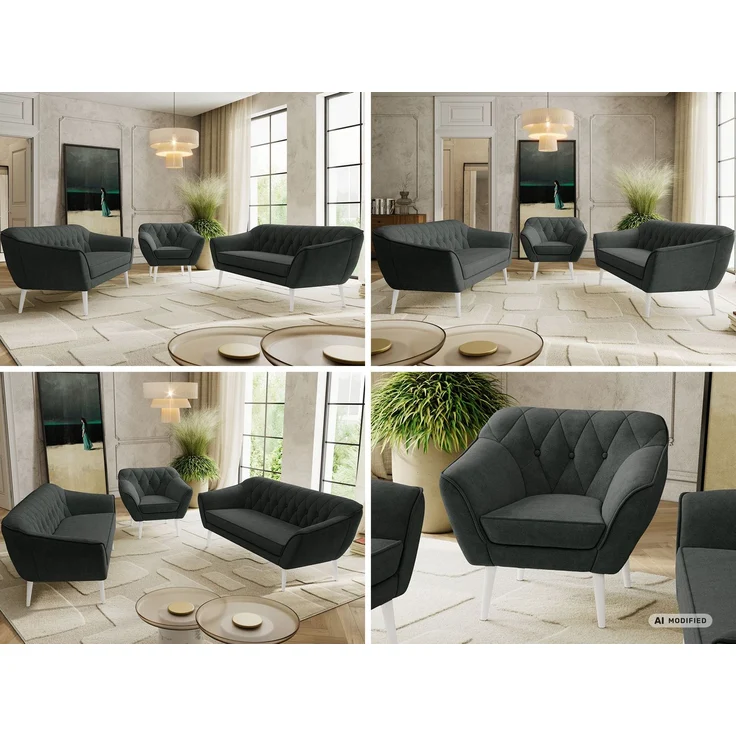 Wohnzimmerset, Möbelset PIRS 3-3-1, Armlehnen, Wellenfederung, weiße Füße, Dreisitzer Sofas mit Sessel, Polstermöbel Set - Dunkelgrau Stukture – Bild 2