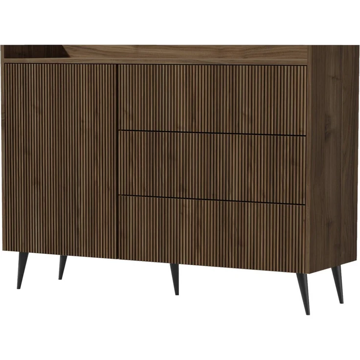 Beautysofa Kommode AMFALI mit 3 Schubladen und Tür (Push-to-open, geriffelte Fronten, schwarze Metallbeine), Frühlings-Eiche, Nussbaum oder Cashmere – Bild 1