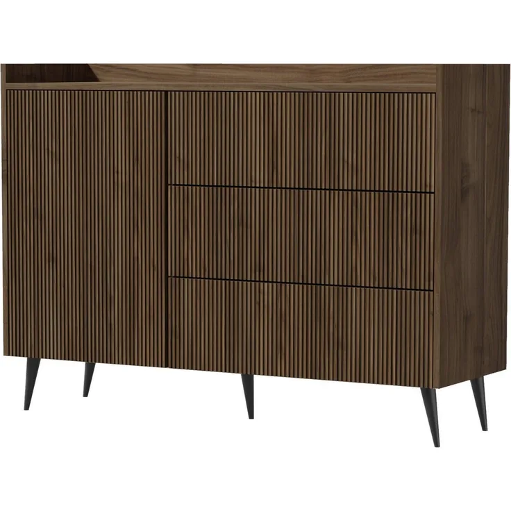 Beautysofa Kommode AMFALI mit 3 Schubladen und Tür (Push-to-open, geriffelte Fronten, schwarze Metallbeine), Frühlings-Eiche, Nussbaum oder Cashmere