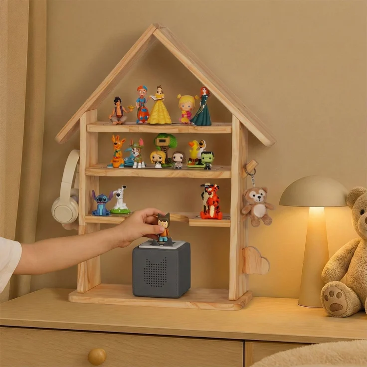 Todeco Toniebox Regal aus Holz, Magnetische Aufbewahrung für 30-40 Tonie Figuren, Verstärkte Magnetleisten, Seitenhaken, Freistehende Regale, Kinderregal für Mädchen & Jungen, Hausförmiger – Bild 7