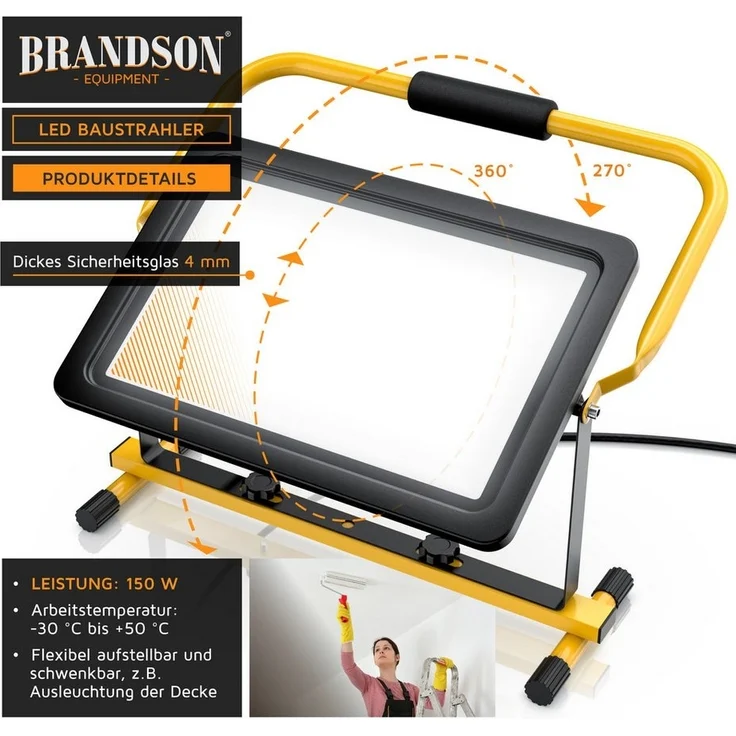 Brandson Baustrahler, LED fest integriert, Warmweiß, 150 Watt LED, Arbeitsscheinwerfer, Bauscheinwerfer, Arbeitsleuchte – Bild 2