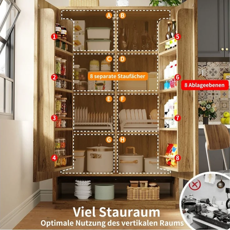 i@home Hochschrank Doppeltüriger Hochschrank 100×40×162,5 cm, Küchenschrank, Natur mit 8 Staufächern und Ablageebenen, Push-to-Open Türen, Kippsicherung – Bild 2
