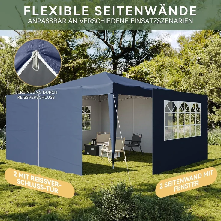 Aoxun Pop Up Pavillon 3x3 Wasserdicht mit 4 Seitenwänden, Metallrahmen-Schutzzelt, Höhe Verstellbar, 3mx3m Faltpavillon mit Tragetasche für Camping Party, Blau – Bild 5