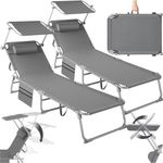 tectake® 2er Set Sonnenliege klappbar und tragbar, Liege mit Seitentasche, Strandliege, Gartenliege mit Dach, Liegestuhl mit Verstellbarer Rückenlehne, Kopfkissen - für Balkon, Terrasse (grau)