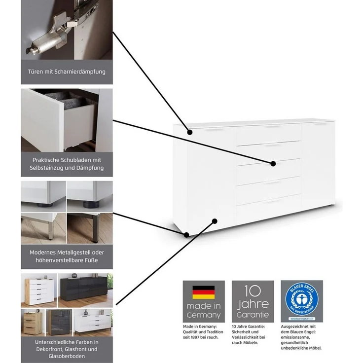 rauch Schubkastenkommode Kommode Türkommode Sideboard Kombikommode FLIPP (Breite 120 cm mit 2 Einlegeböden), 1-türig mit 5 Schubladen und Soft-Close-Funktion – Bild 2