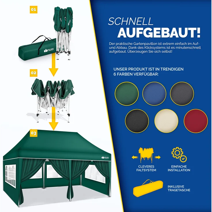 tillvex Pavillon 3x6m - mit 6 Seitenwänden Grün wasserdicht | Pop-Up Faltpavillon höhenverstellbar | Gartenzelt UV Schutz 50+ | Partyzelt mit Tasche für Garten – Bild 9