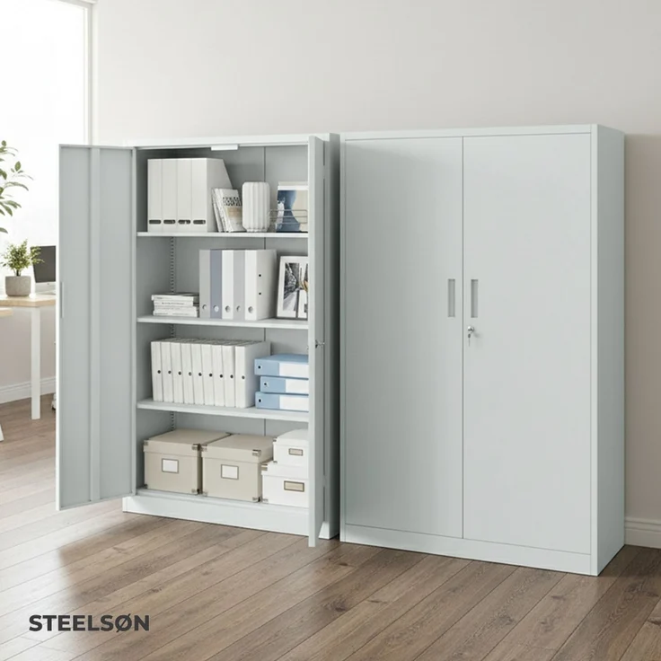 STEELSØN 'Regulus' Aktenschrank, Metall, hellgrau, 140x90x40cm, abschließbar, Metallschrank mit 4 Fächern, geeignet als Werkzeugschrank – Bild 2