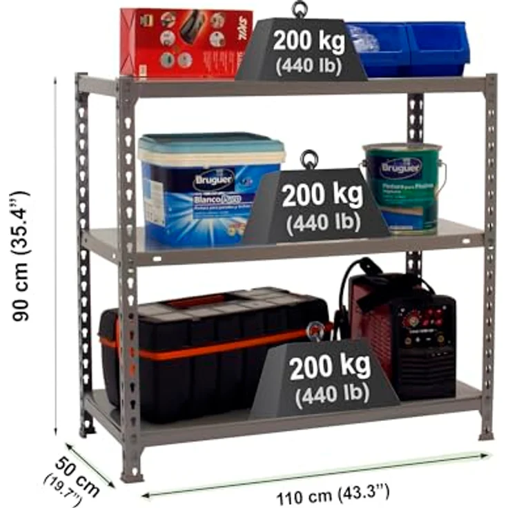 Simon Rack Ecoclick Regal mit 3 Ebenen, 60 kg Tragkraft und Biegepunkt, 900 x 1100 x 500 mm, Schwerlastregal, Garagenregal, Grau – Bild 3