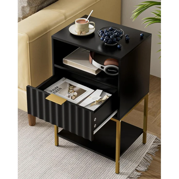 HEYZOEY Nachttisch 3-Tier Schwarz Goldrahmen Endtisch Fernsehtisch – Bild 4